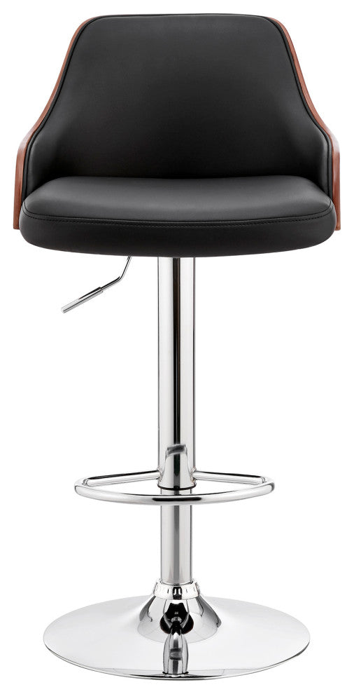 Asher Adjustable Faux Leather and Metal Bar Stool, Black and Chrome