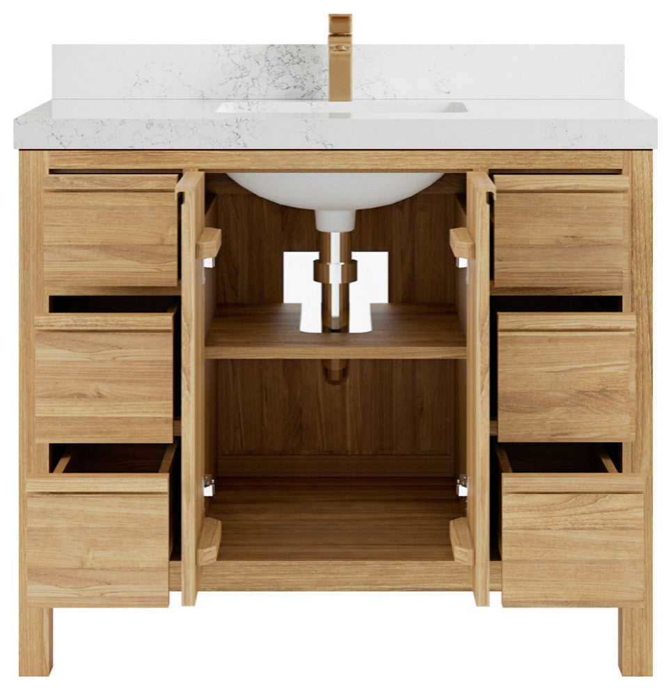 Elizabeth 42 Single Sink Bath Vanity in Light Natural Teak 2" Empira Quartz