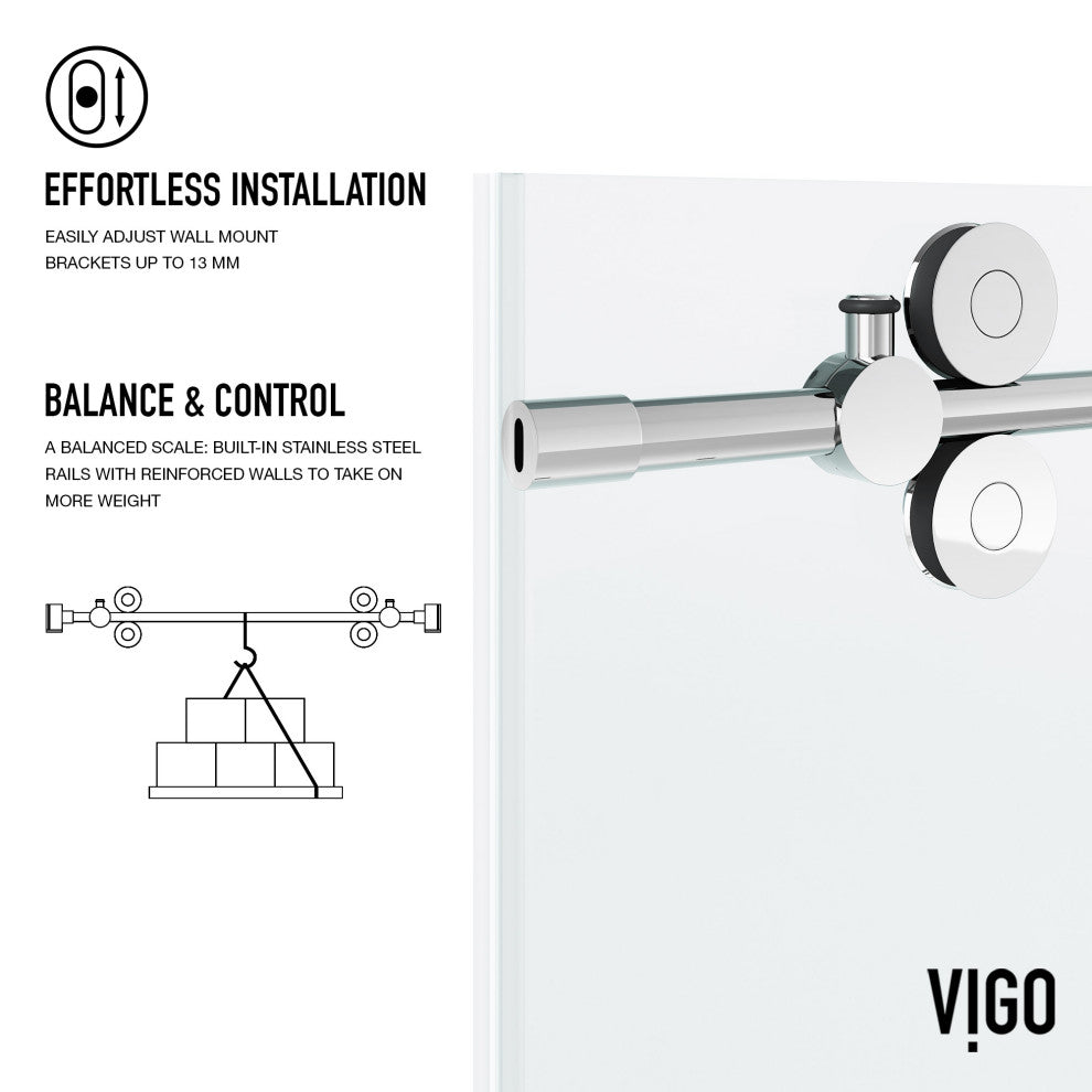 VIGO Elan 56" to 60" W x 74" H Frameless Sliding Shower Door, Chrome, Clear Glass