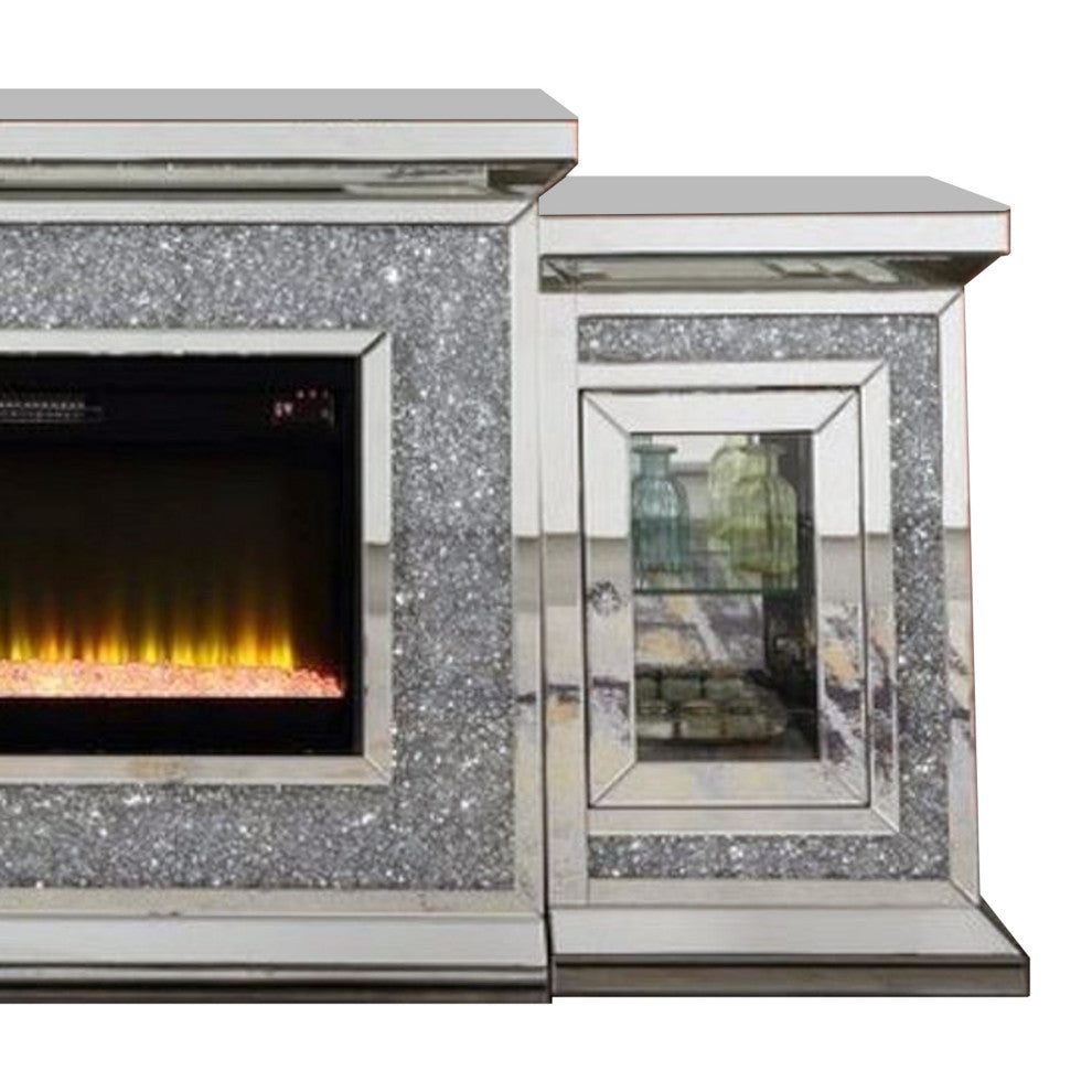 Benzara BM269596 Fireplace/2 Storage Doors and Beveled Mirror Framing, Silver
