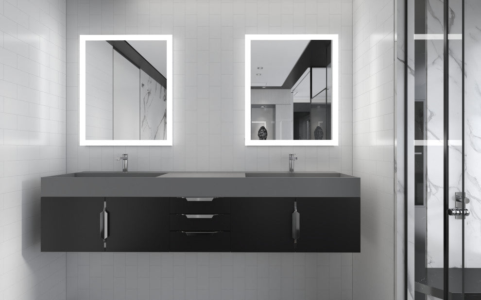 CastelloUSA Amazon 84" Wall Mounted Bathroom Vanity Set, Black, Gray Top, Brushed Nickel