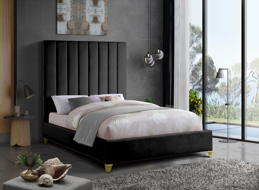 Via Velvet Upholstered Bed, Black, Queen