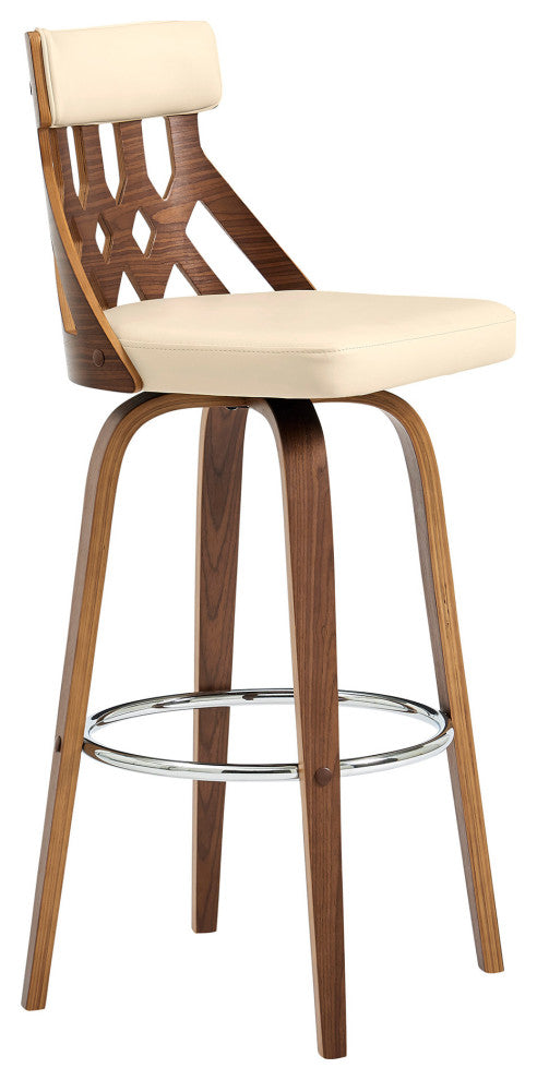 26" Cream Faux Leather Curved Back Walnut Wood Swivel Bar Stool