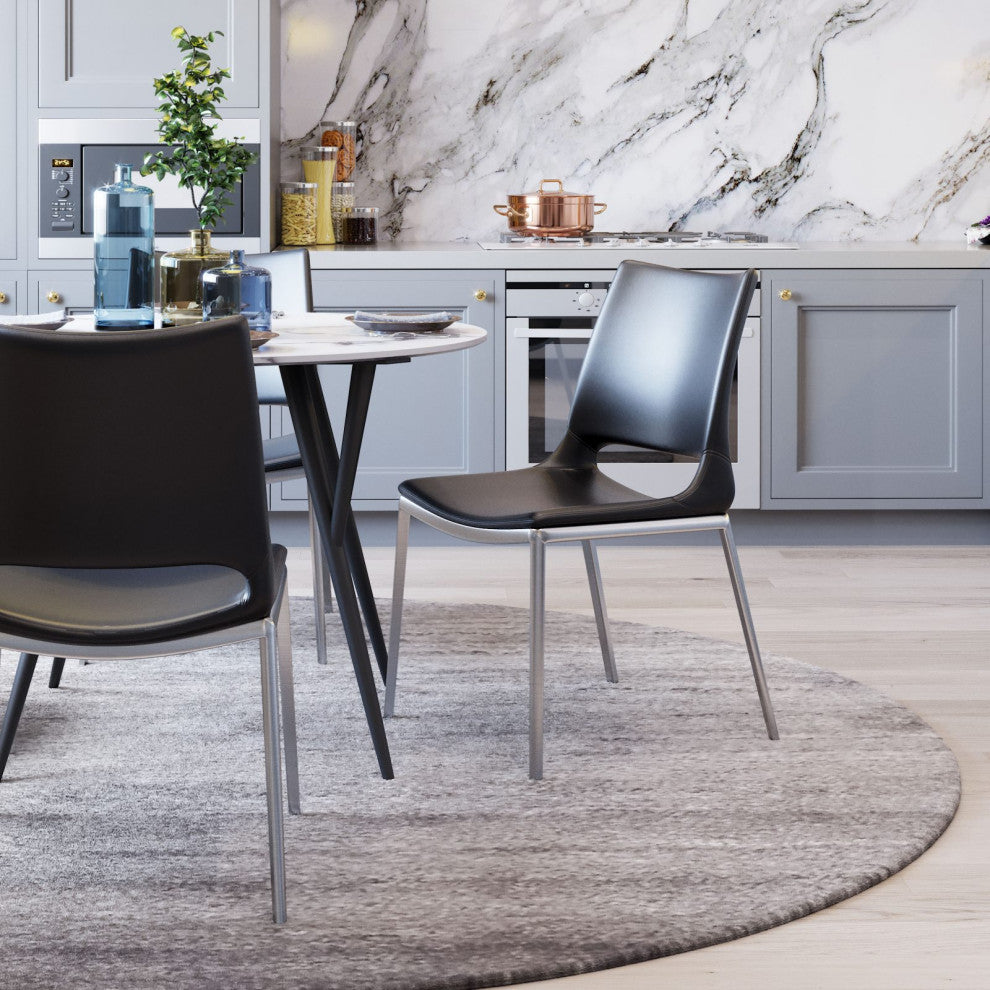 Dining Chair, Set of 2, Faux Vinyl Leather, Steel, Black, Silver, Cafe Bistro