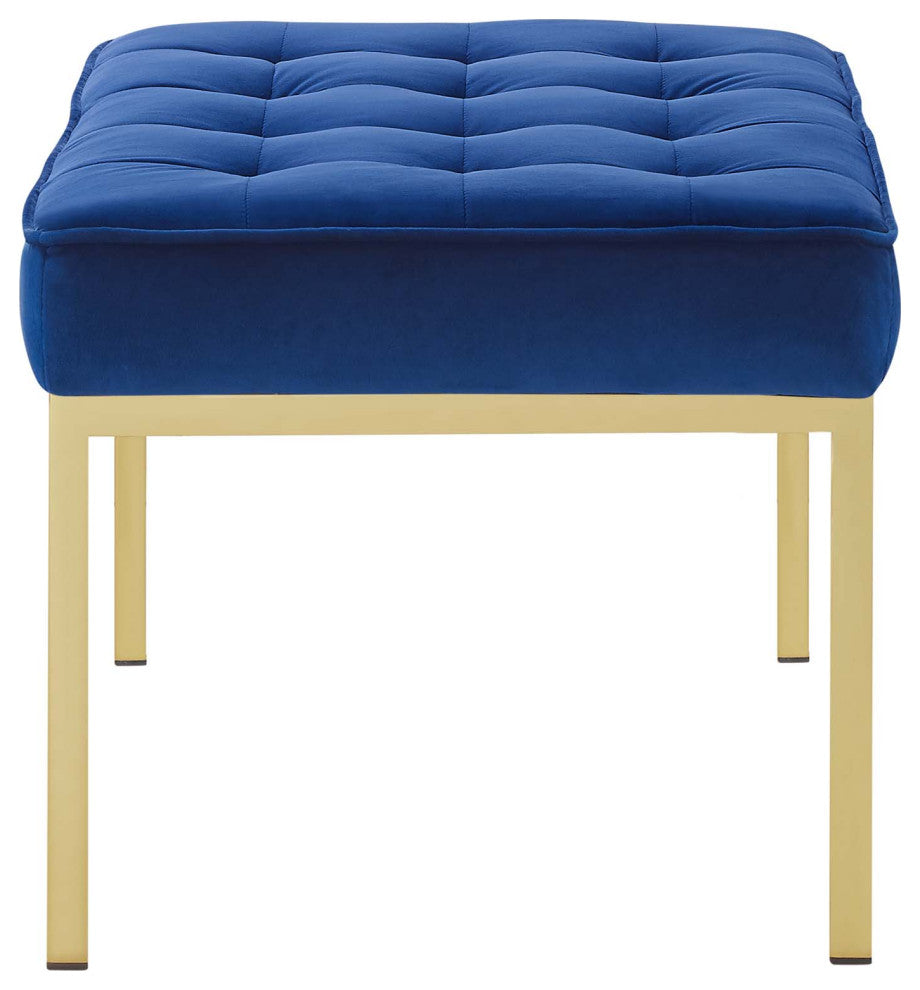 Modern Designer Lounge Accent Chair Bench, Velvet Fabric, Gold Blue Navy