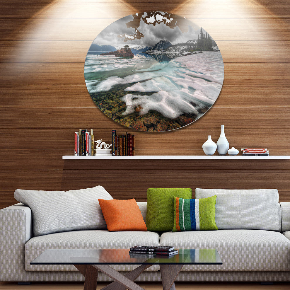 Frozen Mountain Lake Shore, Landscape Wall Round Wall Art, 36"