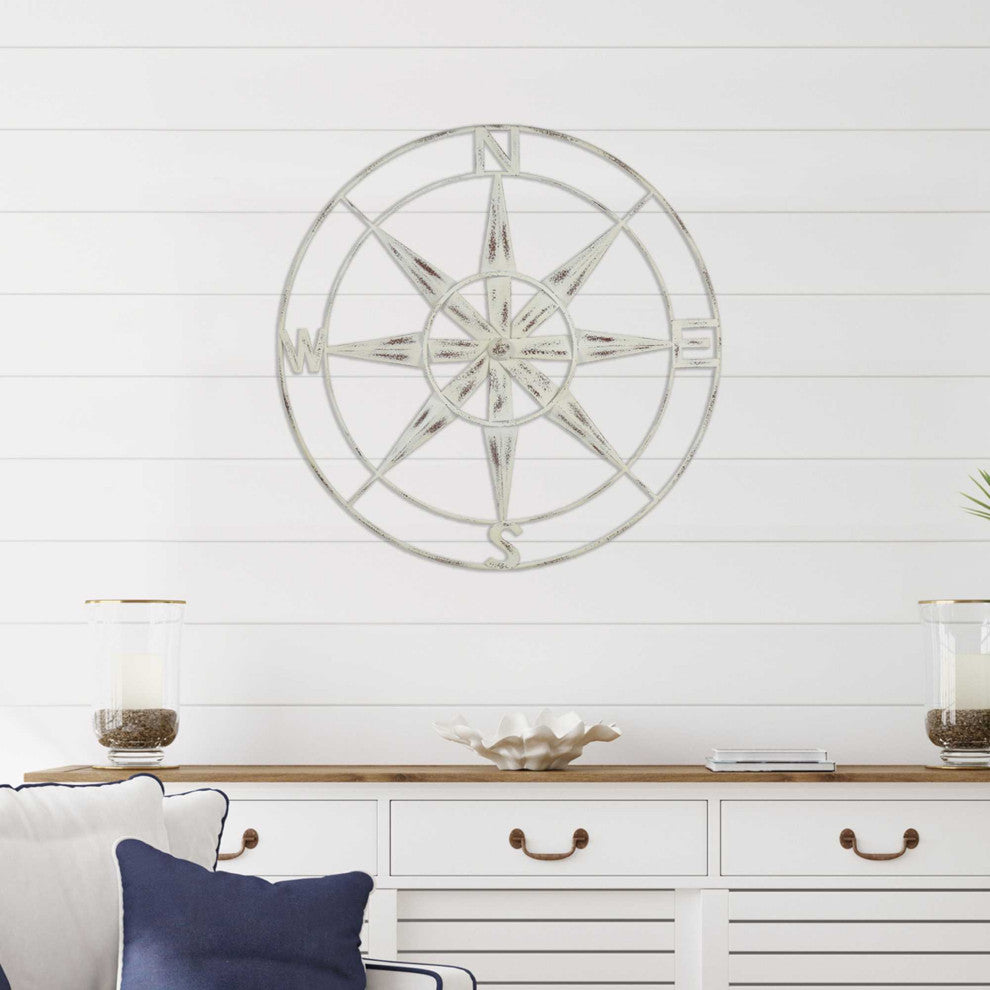 HomeRoots Nautical Compass Metal Wall Decor With Distressed White Finish