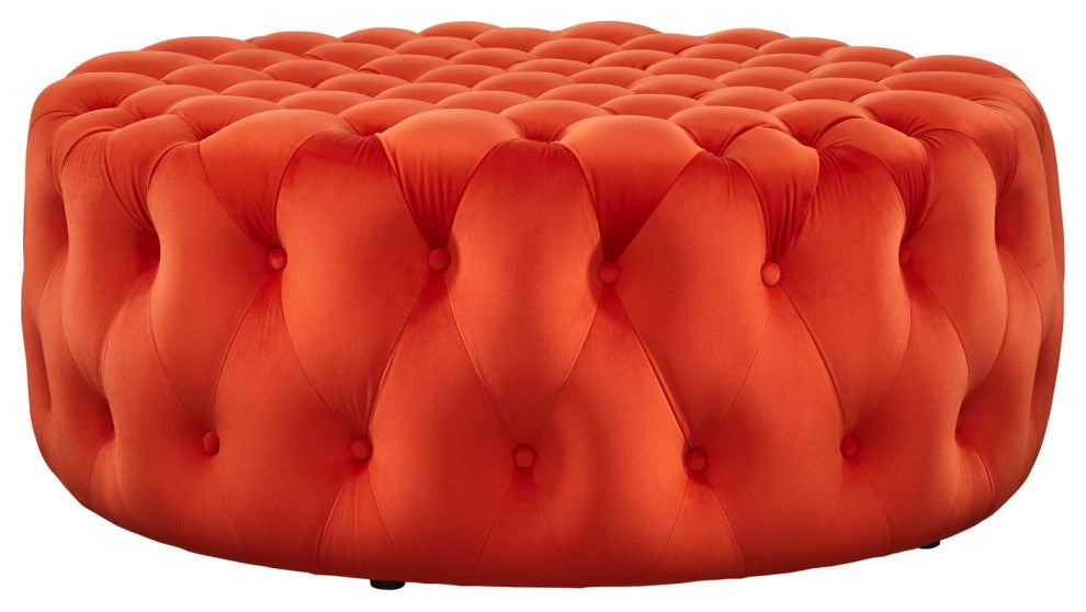 Round Ottoman Accent Tufted Chair, Orange, Velvet, Modern, Lounge Hospitality