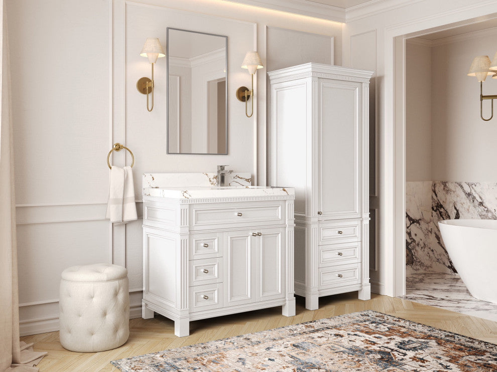 Paris 36" Right Offset Bathroom Vanity, White 2" White Quartz