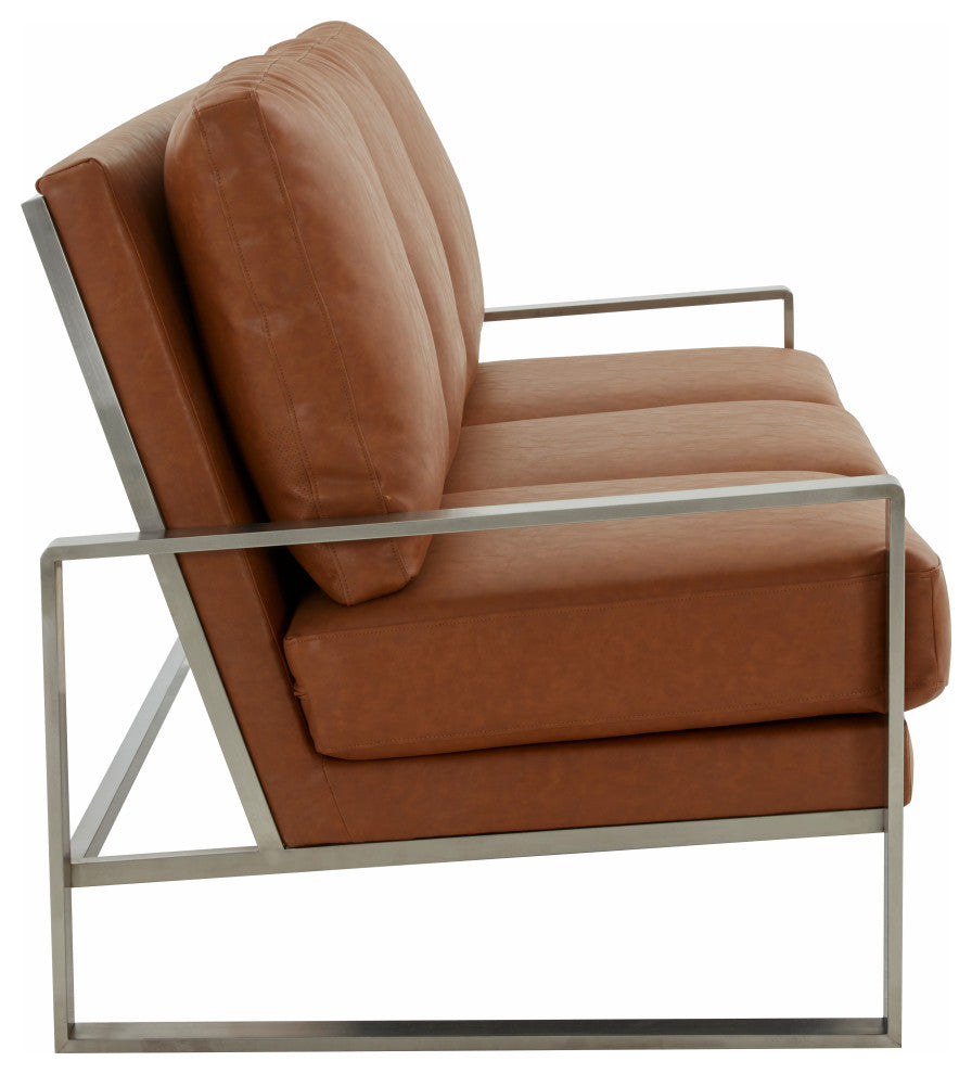 LeisureMod Jefferson Modern Faux Leather Sofa With Silver Frame, Cognac Tan