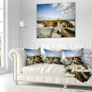Cloudy Illa Pancha Lighthouse Seashore Photo Throw Pillow, 18"x18"