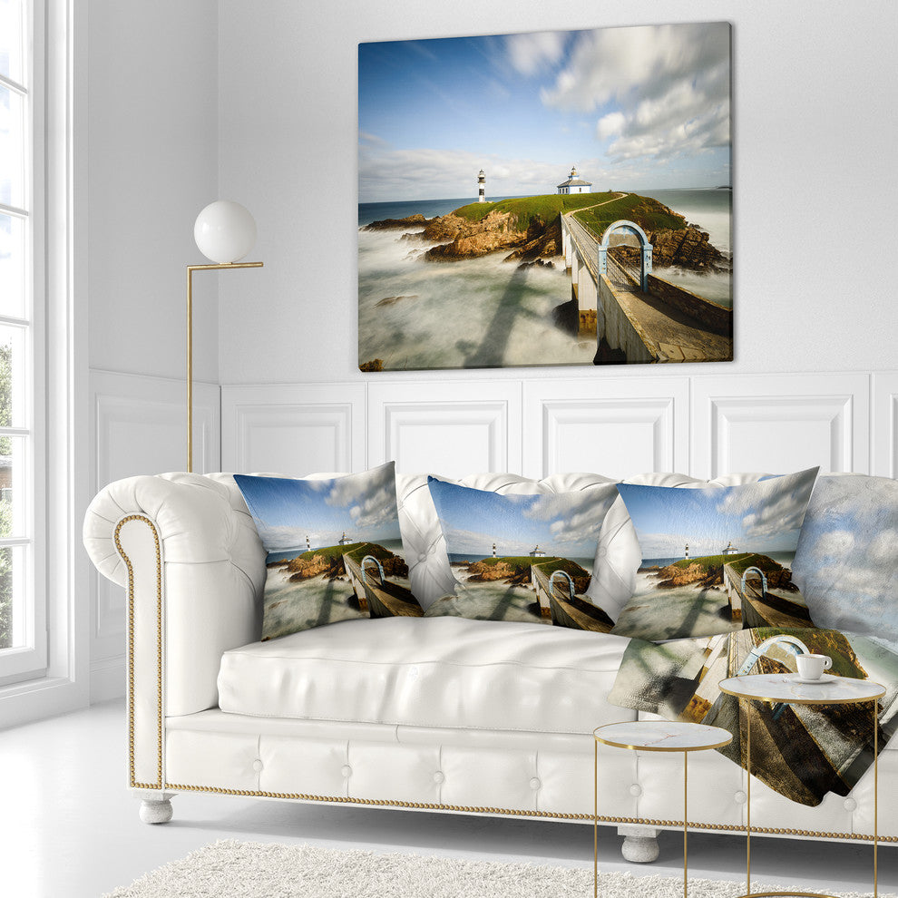 Cloudy Illa Pancha Lighthouse Seashore Photo Throw Pillow, 18"x18"