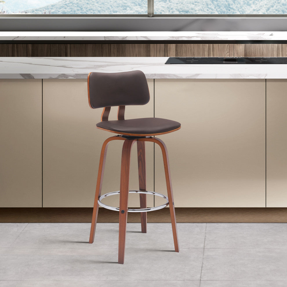 Pico 26" Swivel Walnut Wood Counter Stool, Brown Faux Leather With Chrome, 30