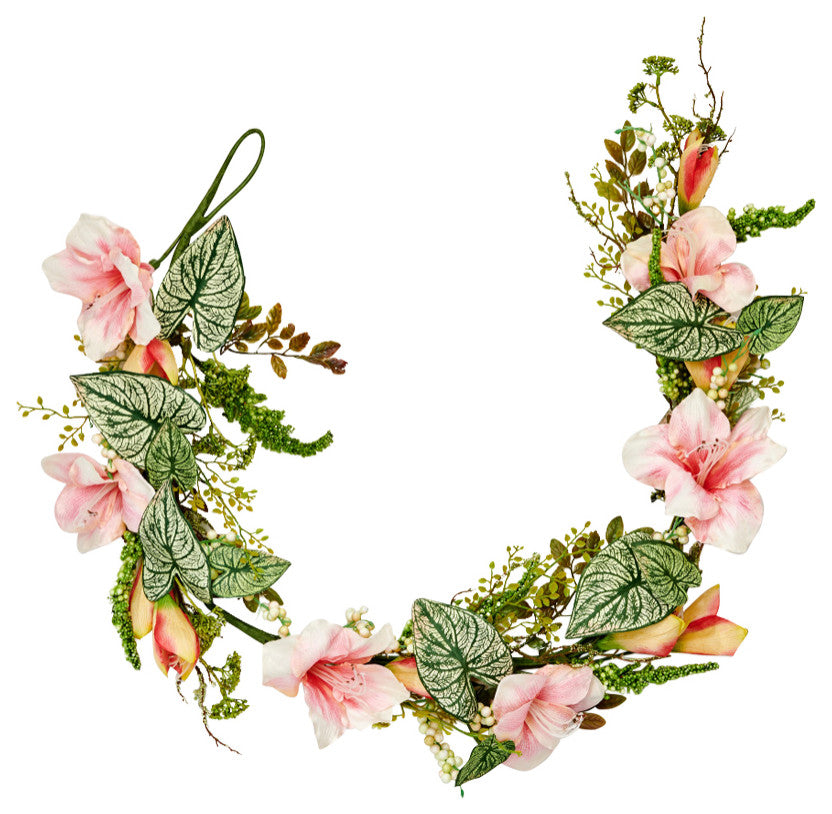 66" Caladium Leaf And Pink Flower Garland