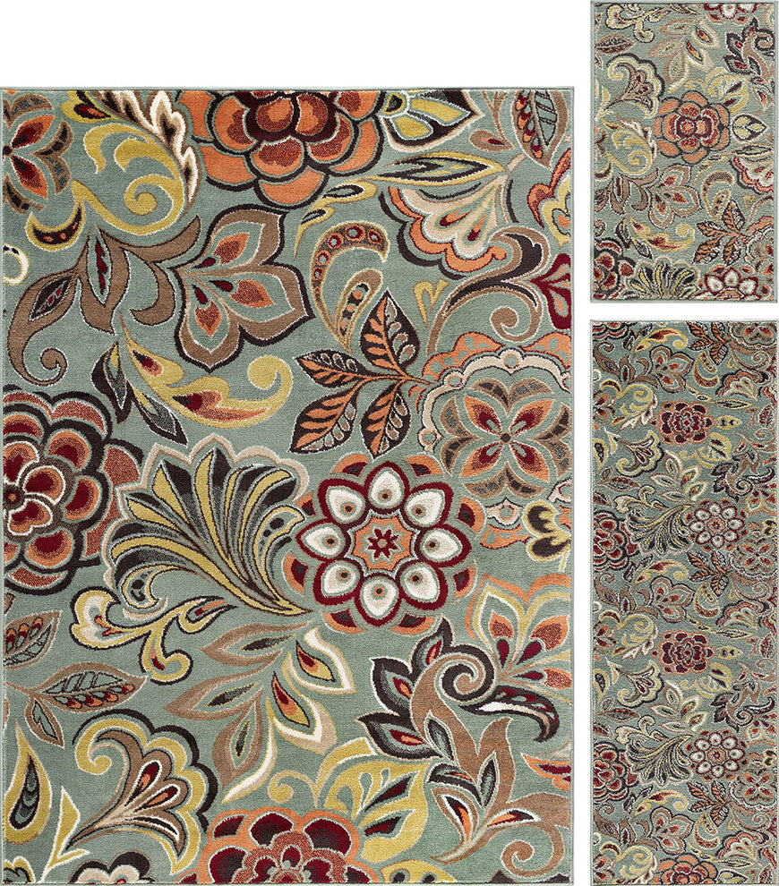 Dilek Transitional Floral Area Rug, Seafoam, 5' X 7', 20'' X 60'', 20'' X 32''