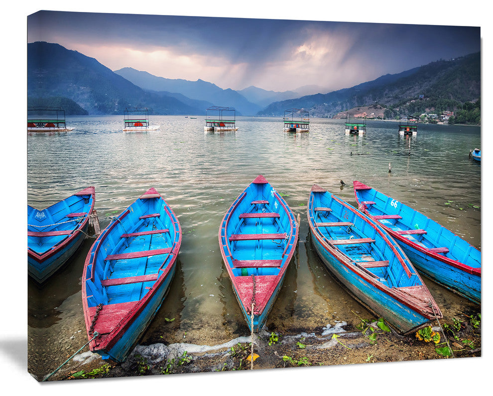 Row of Blue Boats in Pokhara Lake, Boat Canvas Art Print, 40"x30"