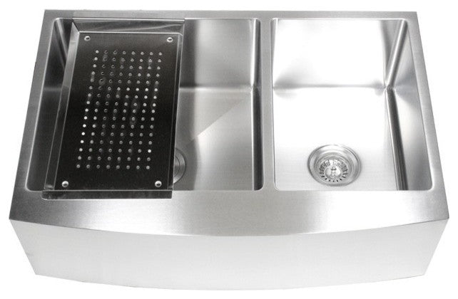 33" Curved Front Farm Apron 60/40 Double Bowl Kitchen Sink with