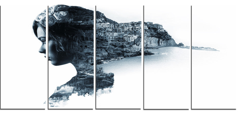 Woman Portrait Double Exposure, Portrait Canvas Art Print, 60"x28", 5 Panels