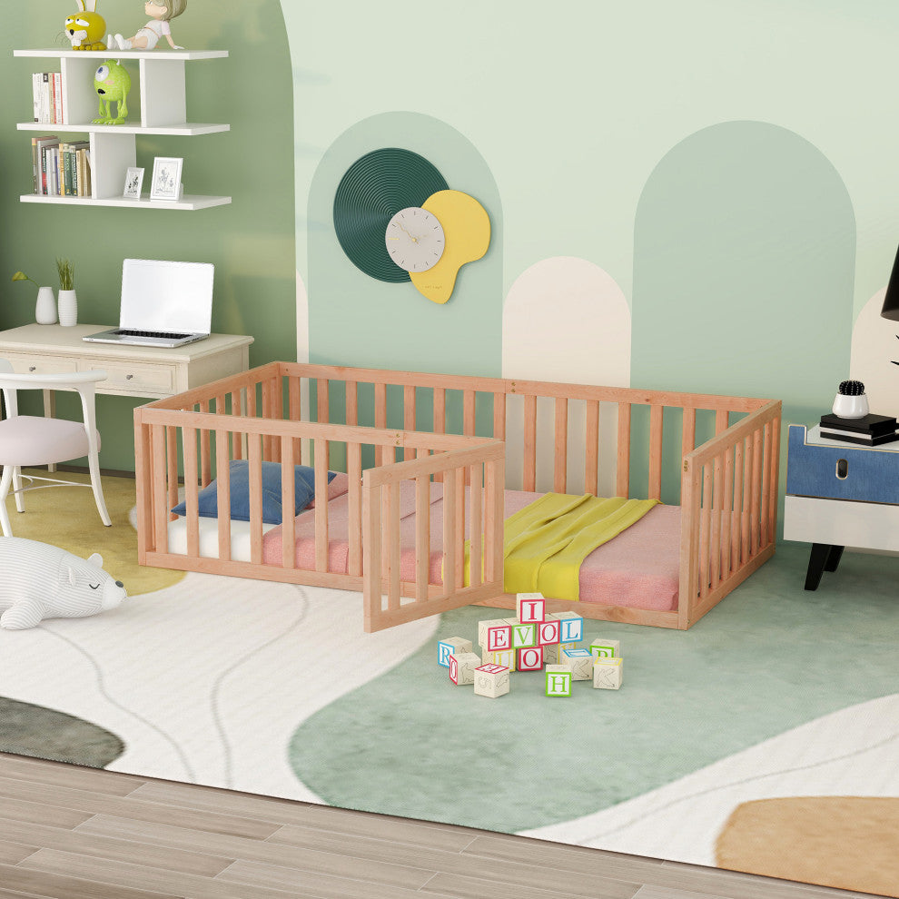 TATEUS Stylish and Versatile Floor Bed for Kids"™Bedroom Fences, Natural, Twin