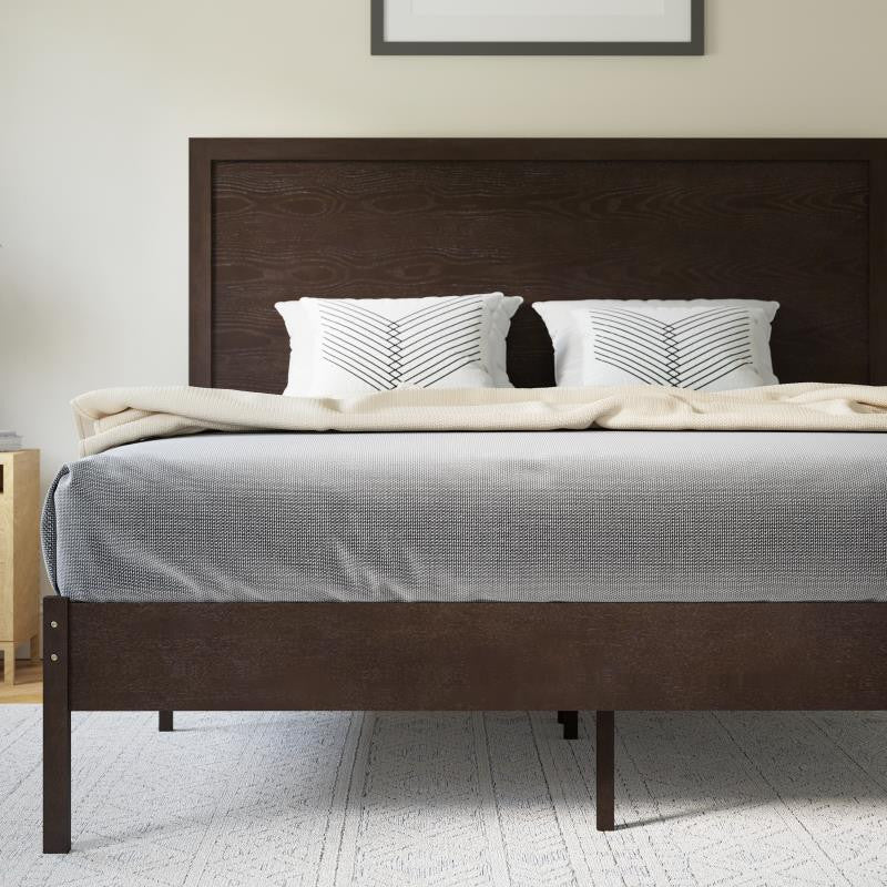 Asher Solid Wood Platform Bed with Wooden Slats and Headboard, Dark Brown, Queen