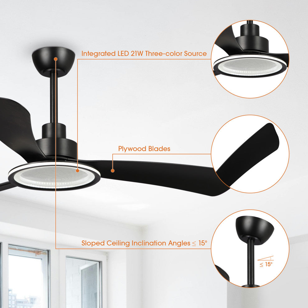 52 in.Modern Black LED Ceiling Fan with Light and Remote Control