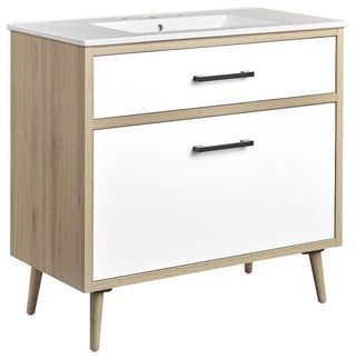 Modway Maverick 36" Wood Bathroom Vanity with Tapered Legs in White/Oak