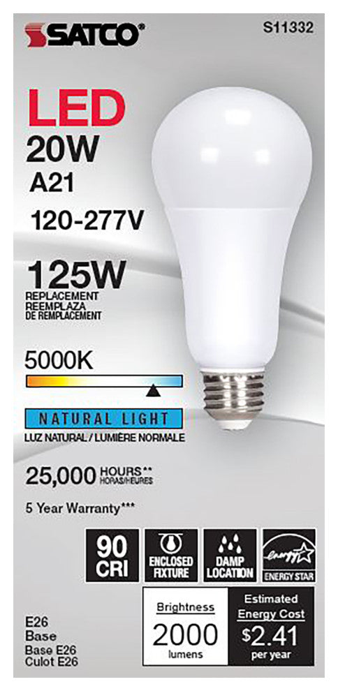 20W, A21 LED, 5000K, Medium Base, 220 deg. Beam Angle, 120-277V