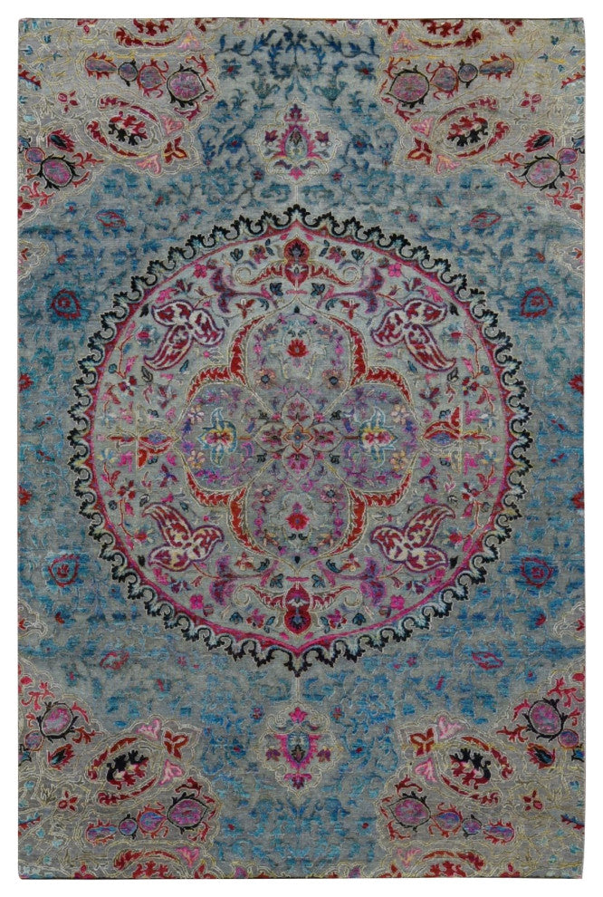 Tan Brown, Maharaja Design, Sari Silk and Wool Hand Knotted Rug, 6'x9'