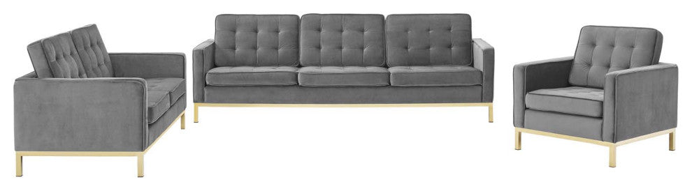 Armchair and Loveseat Sofa Set, Velvet, Gold Gray, Modern, Lounge