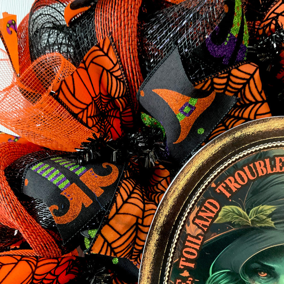Double Double Toil and Trouble Witch Halloween Deco Mesh Wreath 24 and 28 inch, Extra Large