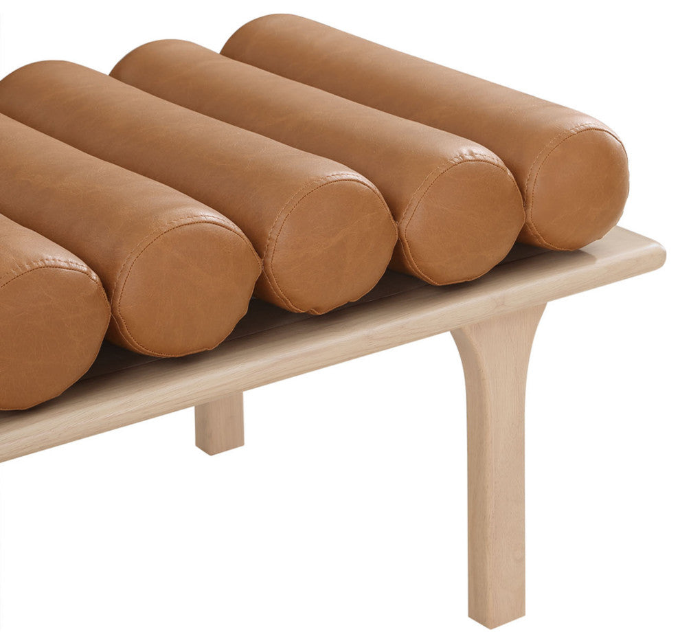 Landon Faux Leather Bench, Cognac, Natural Oak Finish