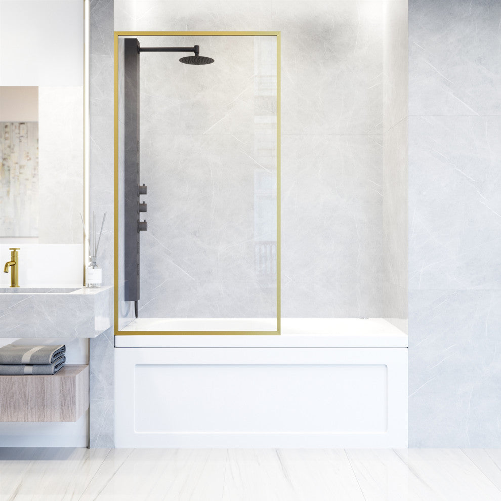 VIGO Meridian Framed Fixed, Matte Brushed Gold, Tub Screen, 34" W X 62" H, Clear Glass