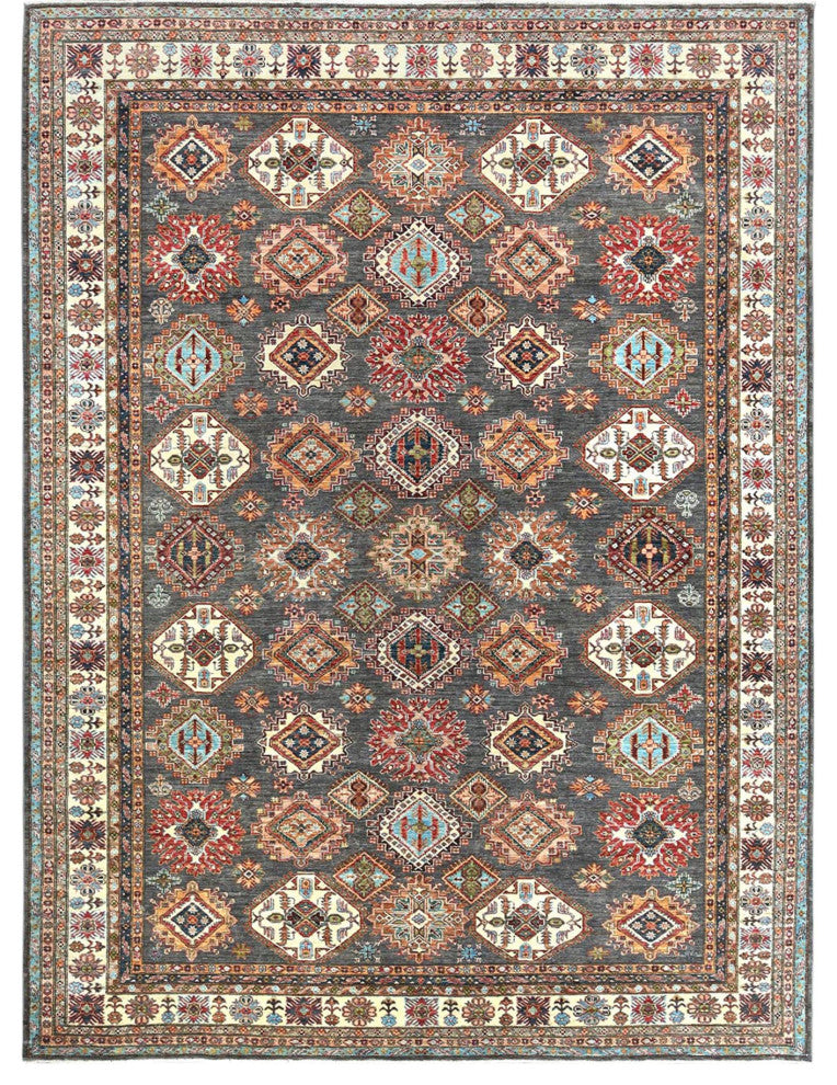 Stone Gray, Extra Soft Wool, Hand Knotted Afghan Super Kazak Rug, 10'3"x13'10"