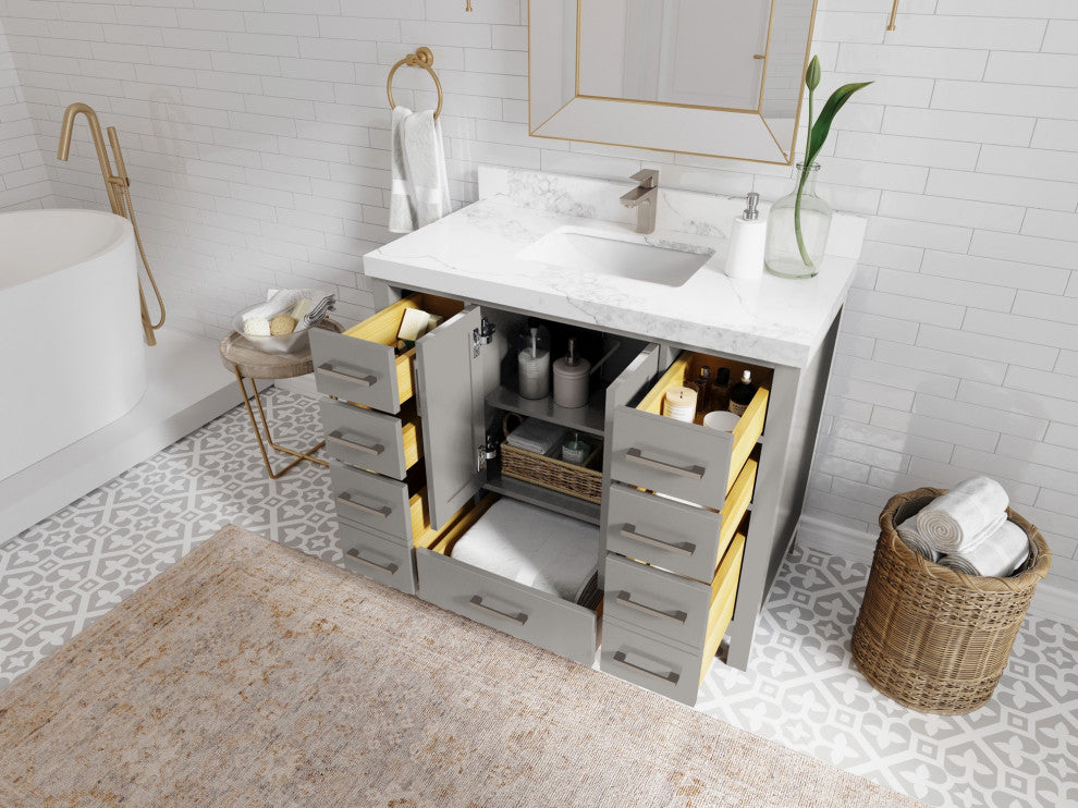 Malibu 42 Single Sink Bath Vanity in Elephant Skin Gray 2" Calacatta Poanazzo
