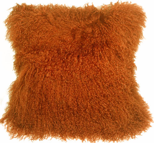 Genuine Mongolian Sheepskin Throw Pillow with Insert (16+ Colors), Burnt Orange