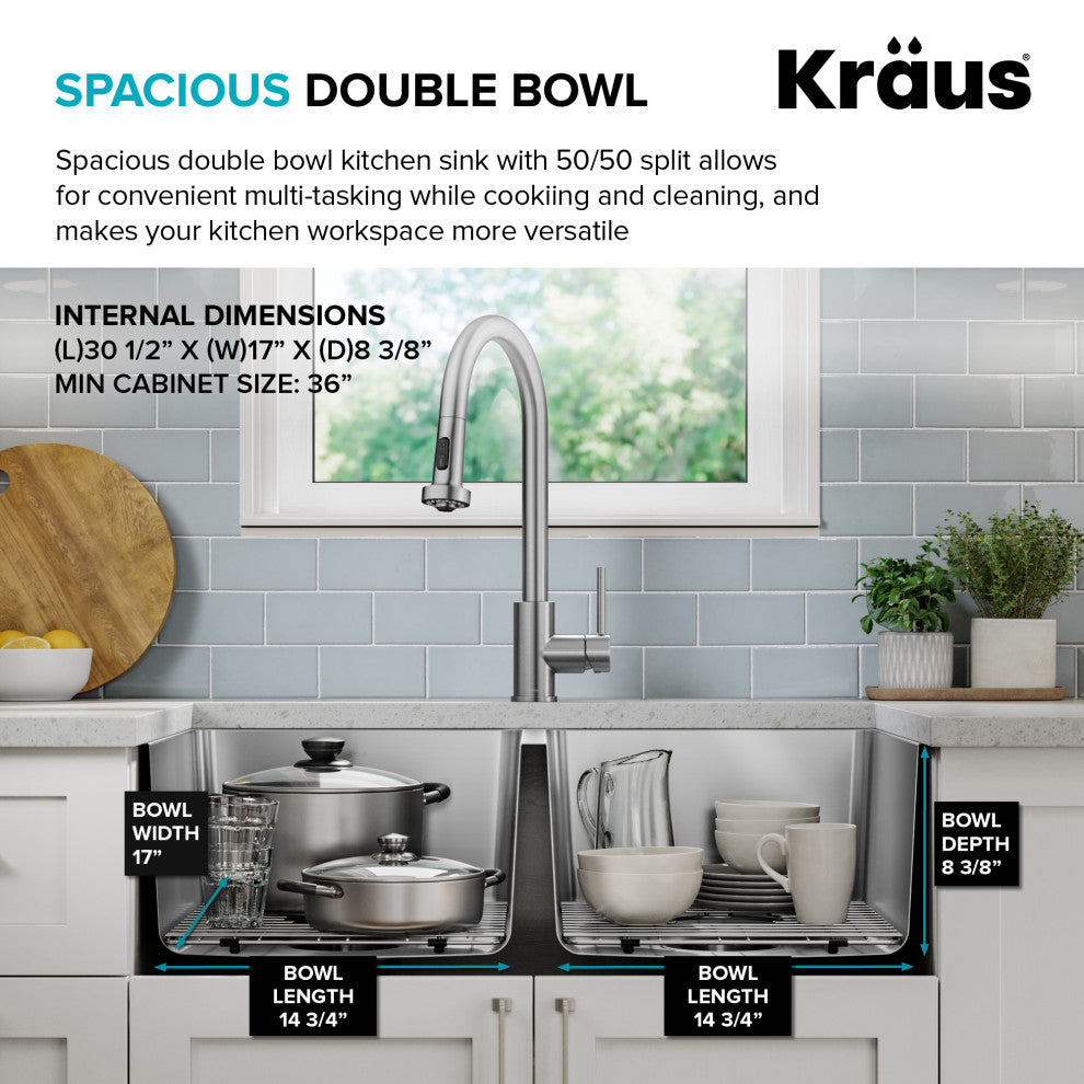 KRAUS Fairlane 33" Undermount 2-Bowl 18 Gauge Stainless Steel Kitchen Sink