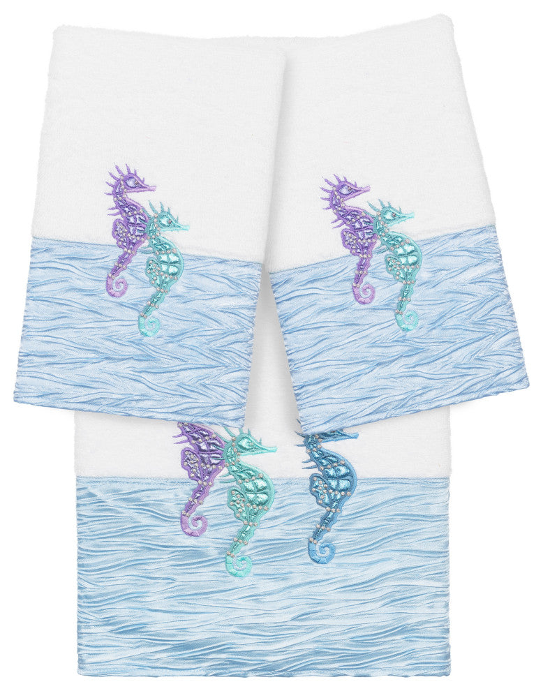 100% Turkish Cotton Sofia 3-Piece Embellished Towel Set, White / Blue