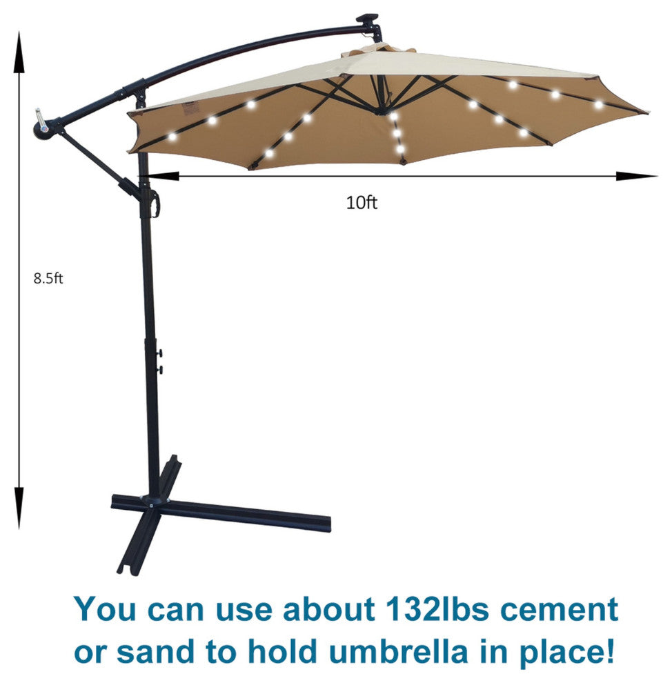 10' Steel Patio Umbrella Outdoor Market With Crank and LED Lights, Tan