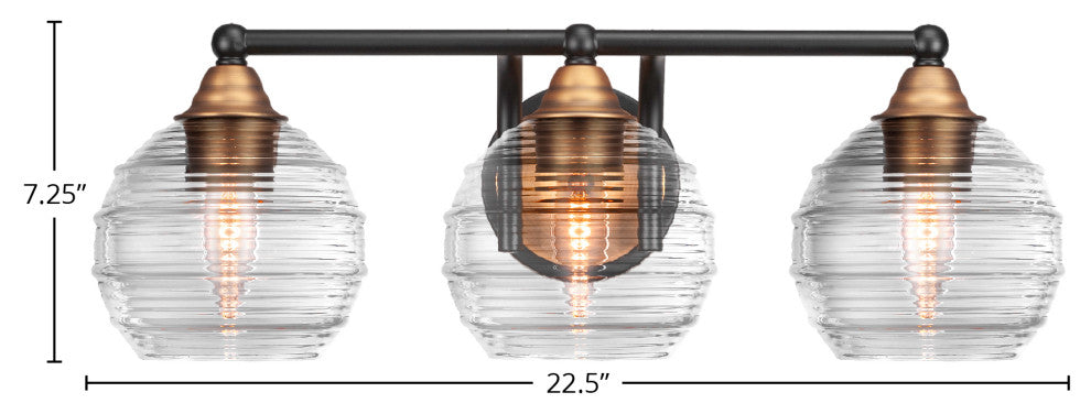 Paramount 3-Light Bath Bar, Matte Black & Brass, 6" Clear Ribbed Glass