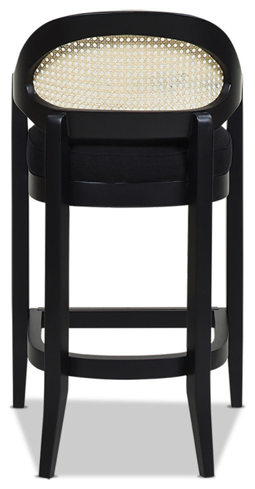 Americana Mid-Century Modern Rattan Cane Back Stool, Jet Black Woven, 26" Counter Height