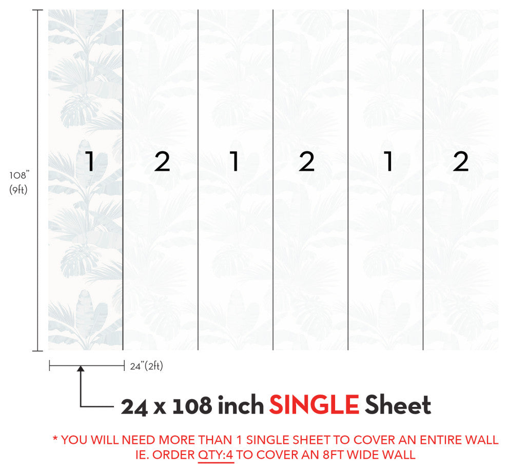 Oceanside Palm Leaves Vinyl Peel and Stick Mural, Blue, 24"x108", Single