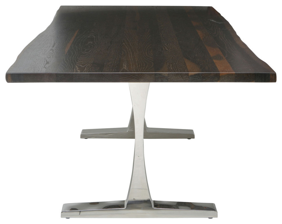 Toulouse Stainless Steel Dining Table, Top: Seared Oak, Base: Polished, 96"