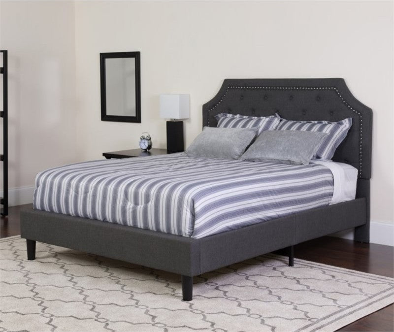 Full Size Tufted Platform Bed-Dk Gray Fabric With Pocket Spring Mattress