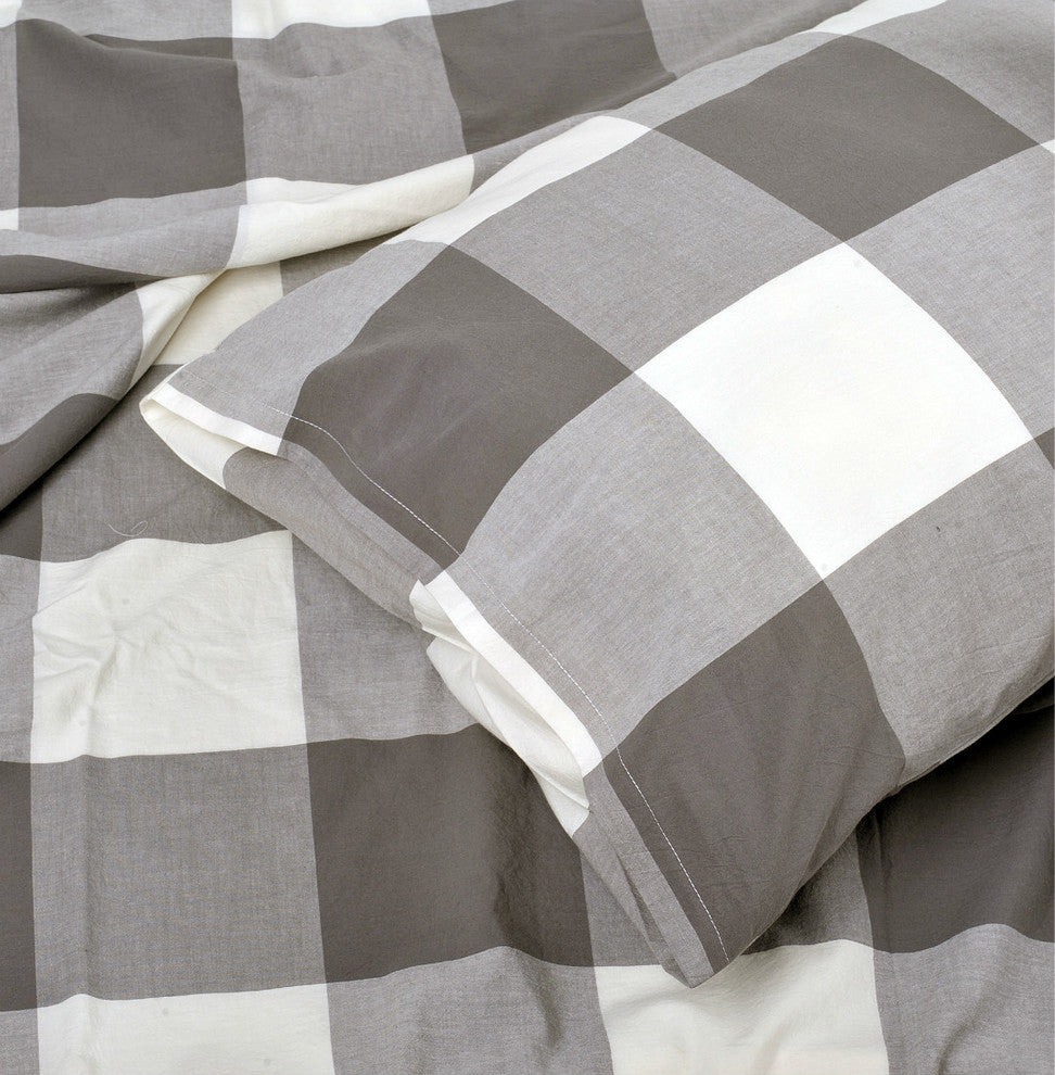 Gingham Washed Cotton 3 Piece Duvet Set, Grey, King (102" X 90")