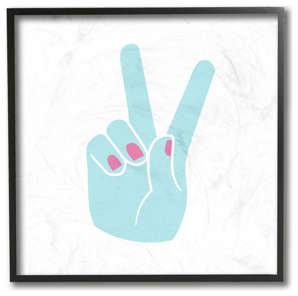 Stupell Industries Peace Hand Teal With Pink Nail Polish, 12"x12", Black Framed