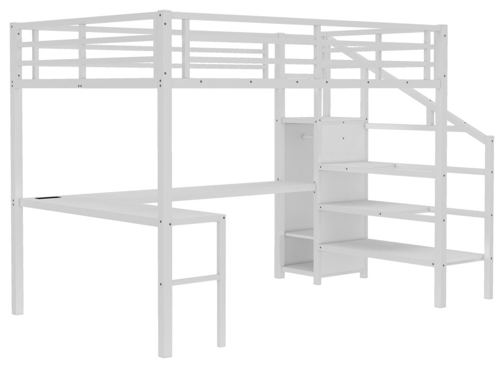 Gewnee Queen Size Loft Bed with L-shaped Desk and USB