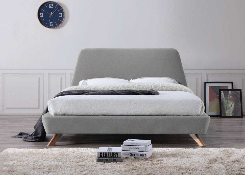Henry Mid-Century Modern Upholstered Platform Bed, Light Gray, Queen