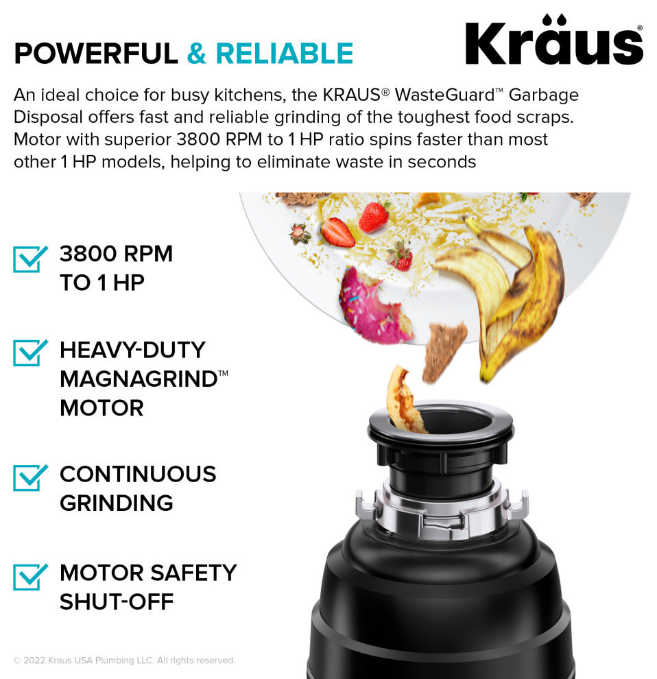 WasteMate Continuous Feed Garbage Disposal With 1 HP Motor for Kitchen Sink
