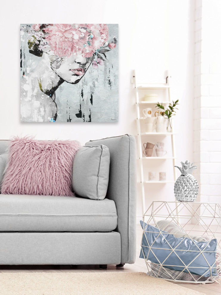 "Pink Flower Bloom" Painting Print on Wrapped Canvas, 32"x32"
