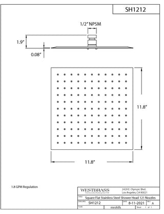 12"x12" Square Thin Shower Head, Matte Black